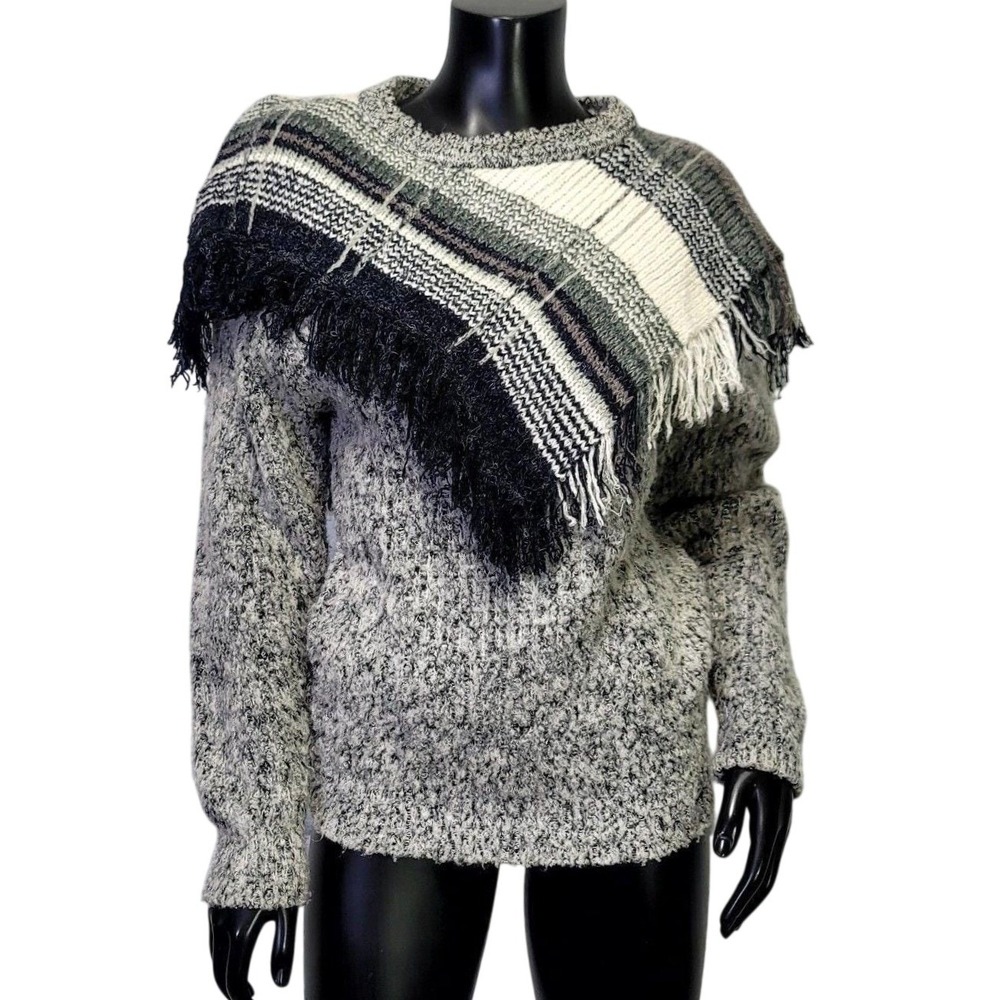 Mariea Kim Vintage Korean Fringed‎ Poncho Marled Knit Sweater Grey Black M